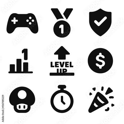 Gamified Learning Icons. Solid, filled icon set of gamified learning features: game controller, medal, badge, leaderboard, level