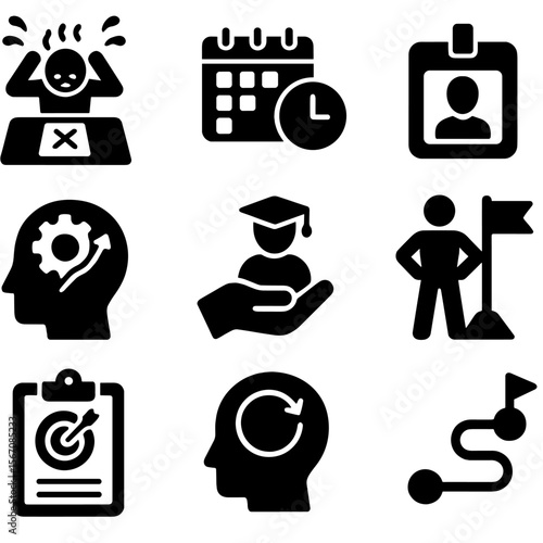 Education Resilience Icons. Solid, filled icons set of psychological resilience in education: exam stress icon