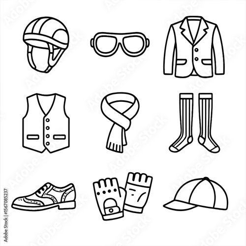 Vintage Cycling Icons. Outline icon set of vintage cyclist attire: leather helmet, aviator goggles, tweed jacket, button-up vest,