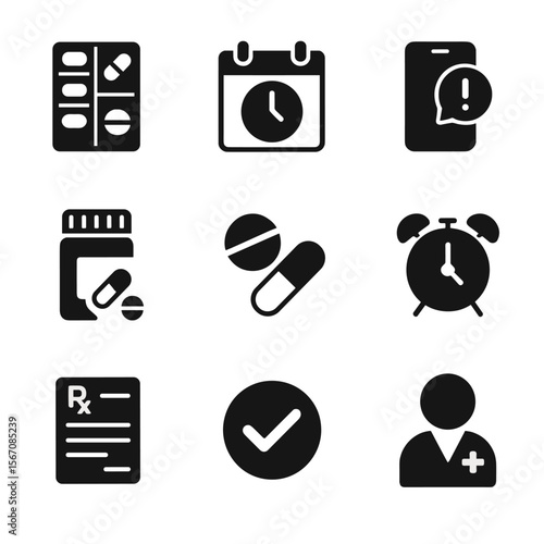 Medication Adherence Icons. Solid, filled icon set of medication adherence: pill dispenser, daily reminder, mobile alert, refill