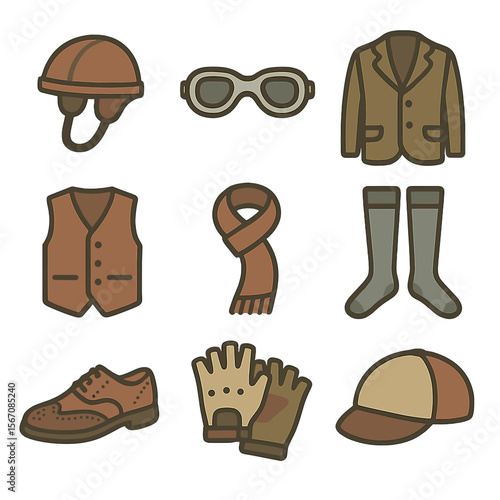 Vintage Cyclist Icons. Flat icon set of vintage cyclist attire: leather helmet, aviator goggles, tweed jacket, button-up vest,