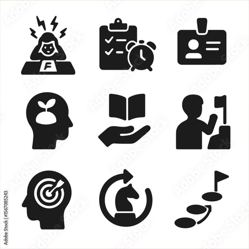 Education Resilience Icons. Solid, filled icons set of psychological resilience in education: exam stress icon