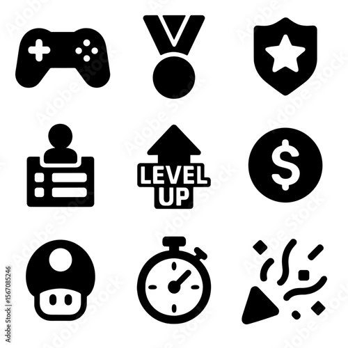 Gamified Learning Icons. Solid, filled icon set of gamified learning features: game controller, medal, badge, leaderboard, level