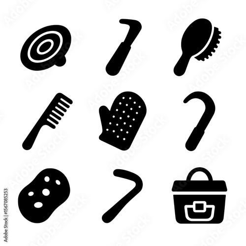 Horse Grooming Tools. Solid, filled icon set of horse grooming tools: curry comb, hoof pick, mane brush, tail comb, grooming mitt,