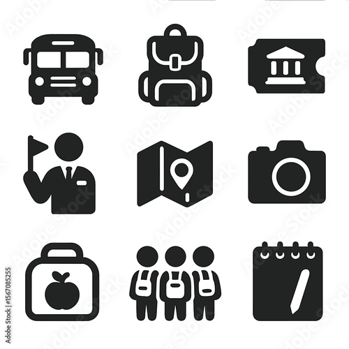 Education Icons Grid. Solid, filled icons set of educational field trips and excursions: school bus, backpack,