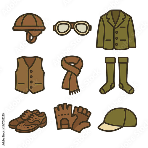 Vintage Cyclist Icons. Flat icon set of vintage cyclist attire: leather helmet, aviator goggles, tweed jacket, button-up vest,
