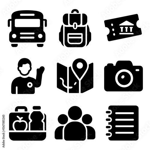 Education Icons Grid. Solid, filled icons set of educational field trips and excursions: school bus, backpack,