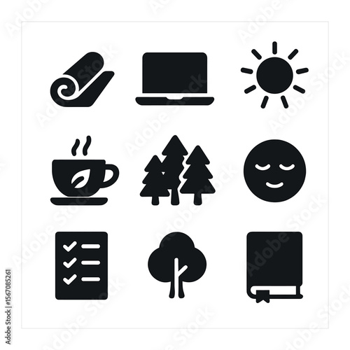 Wellness Workday Icons. Solid, filled icons set of wellness workday: yoga mat, laptop, sun, tea, forest, calm