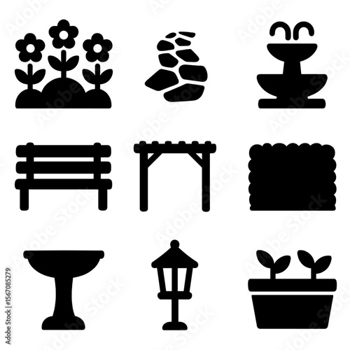 Garden Icon Set. Solid, filled icon set of garden landscaping elements: flower bed, stone pathway, water fountain, garden bench,