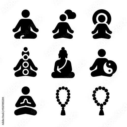 Meditation Philosophies Icons. Solid, filled icon set of meditation philosophies: zen, vipassana, transcendental, mindfulness,