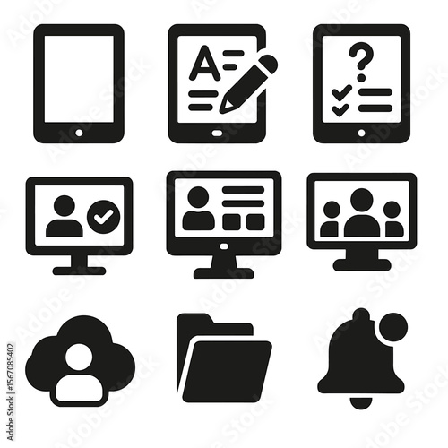 Educational Technology Icons. Solid, filled icons set of technology in differentiated learning: tablet icon,
