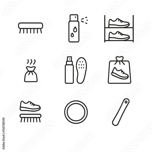 Footwear Hygiene Icons. Outline icon set of footwear hygiene and maintenance: shoe brush, waterproof spray, shoe rack, deodorizer