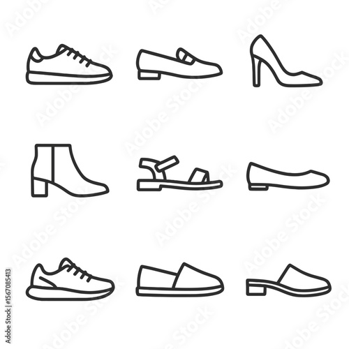 Footwear Icon Grid. Outline icon set of footwear must-haves: sneakers, loafers, heels, ankle boots, sandals, flats, running shoes,