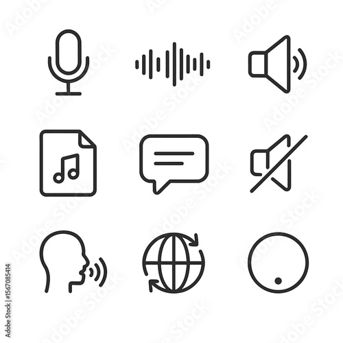 Voice Translation Icons. Outline icon set of voice translation features: microphone input, waveform visualization, speaker output,