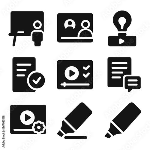 Educational Video Icons. Solid, filled icons set of educational subtitled videos: blackboard icon, lesson clip
