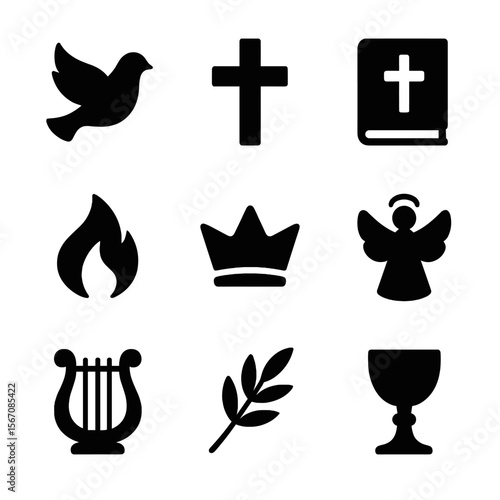 Hymn Symbol Icon Set. Solid, filled icon set of hymn themes and symbolism: dove, cross, Bible, flame, crown, angel, harp, olive