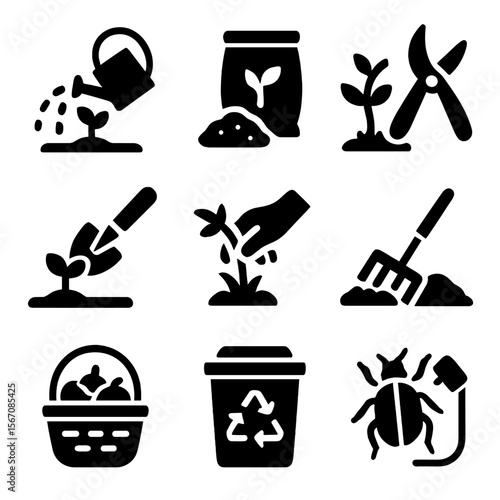 Garden Maintenance Icons. Solid, filled icon set of garden maintenance: watering, fertilizing, pruning, planting, weeding,