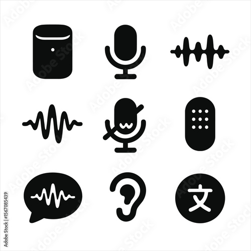 Voice Interface Icons. Solid, Filled icon set of voice control interfaces: smart speaker, microphone button, soundwave icon,