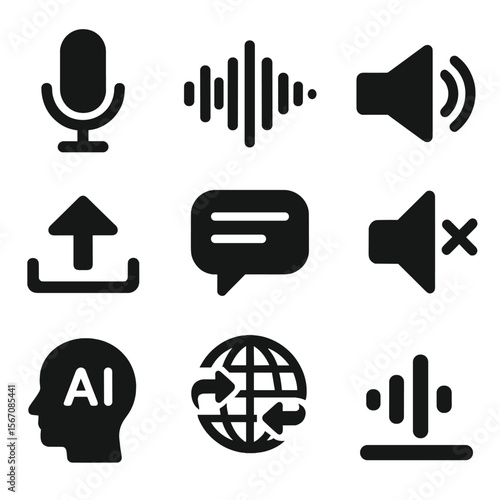 Voice Translation Icons. Solid, Filled icon set of voice translation features: microphone input, waveform visualization, speaker