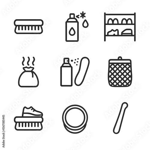 Footwear Hygiene Icons. Outline icon set of footwear hygiene and maintenance: shoe brush, waterproof spray, shoe rack, deodorizer