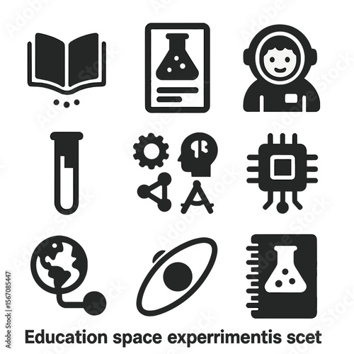Educational Space Experiments. Solid, filled icons set of educational space experiments: floating book,