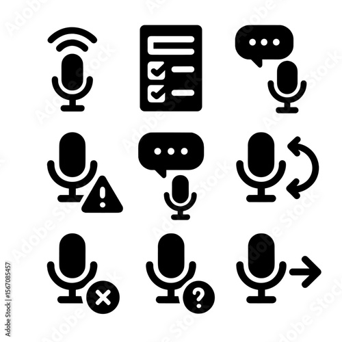 Voice UI Icon Set. Solid, Filled icon set of voice UI design patterns: wake word, slot-filling form, guided dialogue, error