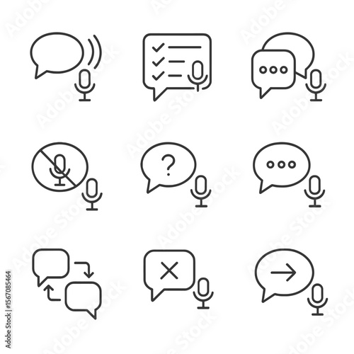 Voice UI Icon Set. Outline icon set of voice UI design patterns: wake word, slot-filling form, guided dialogue, error recovery,