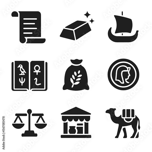 Egyptian Commerce Icons. Solid, filled icons set of ancient Egyptian commerce: papyrus scroll, gold ingot,