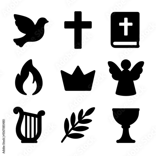 Hymn Symbol Icon Set. Solid, filled icon set of hymn themes and symbolism: dove, cross, Bible, flame, crown, angel, harp, olive