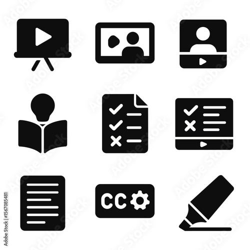 Educational Video Icons. Solid, filled icons set of educational subtitled videos: blackboard icon, lesson clip