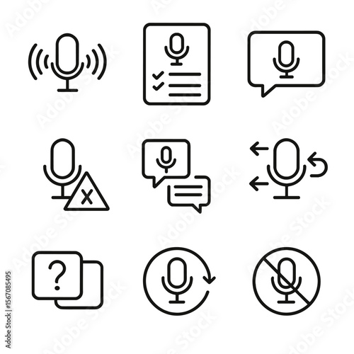 Voice UI Icon Set. Outline icon set of voice UI design patterns: wake word, slot-filling form, guided dialogue, error recovery,