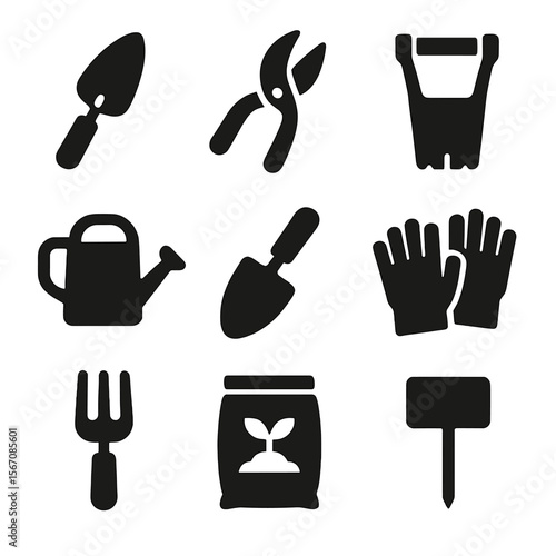Gardening Tools Icons. Solid, filled icon set of gladiolus garden tools: trowel, pruning shears, bulb planter, watering can, soil