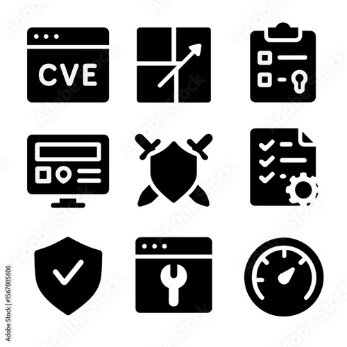 Vulnerability Assessment Icons. Solid, Filled icon set of vulnerability assessment methods: CVE database, risk matrix, asset