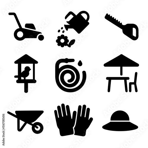 Gardening Icon Collection. Solid, filled icon set of May home and garden care: lawn mower, flower watering, hedge trimming, bird
