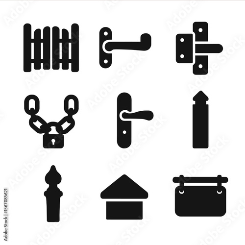 Gate Accessories Icon Set. Solid, filled icon set of fence gates and accessories: wooden gate, metal latch, hinge, chain lock,