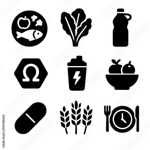 Elderly Nutrition Icons. Solid, filled icons set of nutrition for older adults: healthy plate, leafy greens,