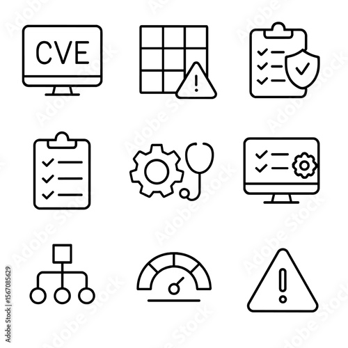 Vulnerability Assessment Icons. Outline icon set of vulnerability assessment methods: CVE database, risk matrix, asset inventory,