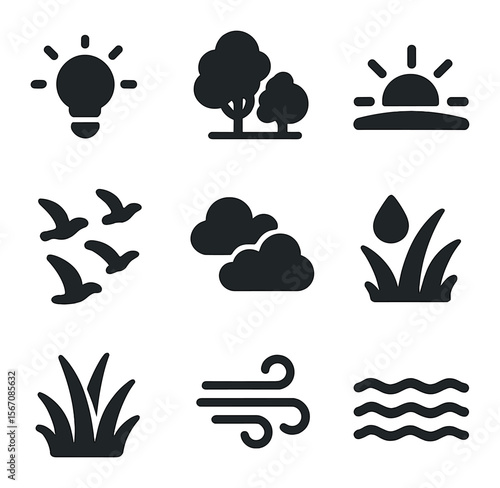 Morning Glow Icons. Solid, filled icons set of early morning glow: soft light, trees, sun peeking, birds, sky,