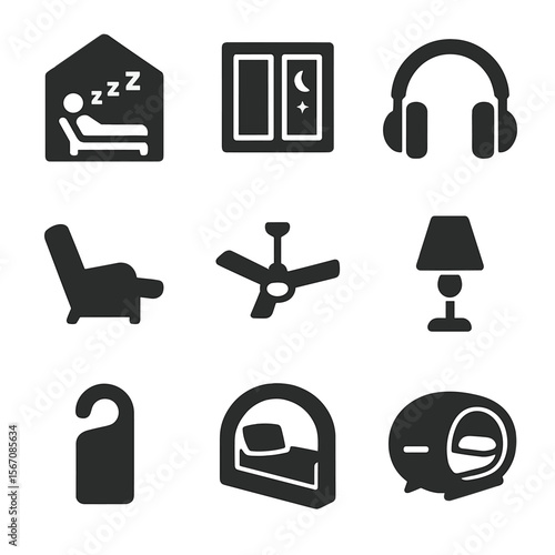Ideal Nap Icons. Solid, filled icon set of ideal nap environments: quiet room, dark window, noise-canceling headphones, recliner,