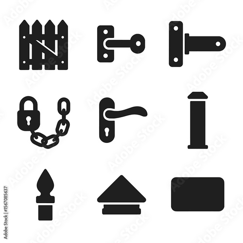 Gate Accessories Icon Set. Solid, filled icon set of fence gates and accessories: wooden gate, metal latch, hinge, chain lock,