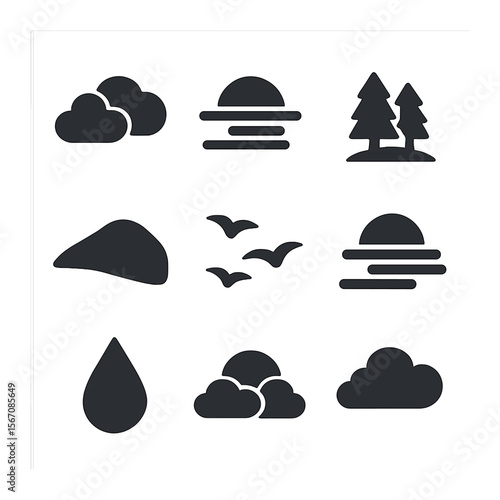 Foggy Sunrise Icons. Solid, filled icons set of foggy sunrise: soft clouds, faded sun, trees, hill, birds,