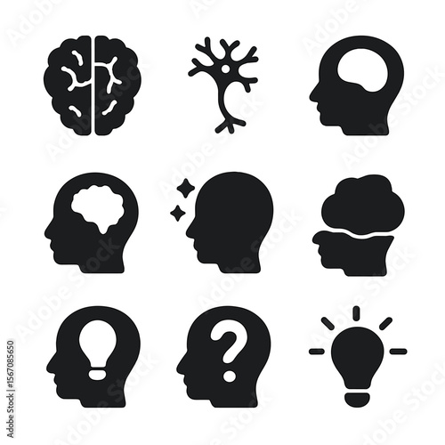 Mind Icon Set. Solid, filled icon set of introspection mind: brain, neuron, thought bubble, memory, imagination, dream cloud,