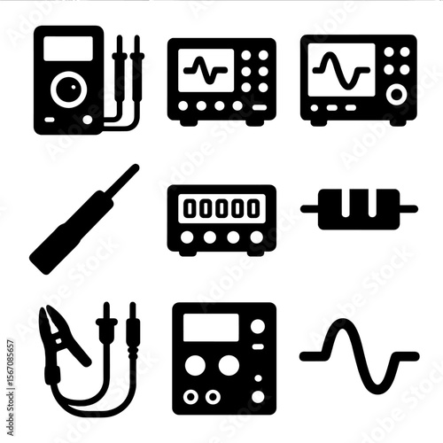 Electrical Calibration Icons. Solid, filled icons set of electrical calibration tools: multimeter, signal