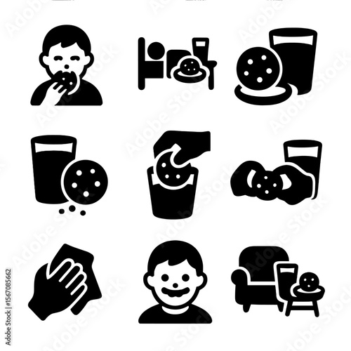 Milk and Cookie Moments. Solid, filled icon set of milk and cookie moments: child eating cookie, bedtime snack, Santa plate,