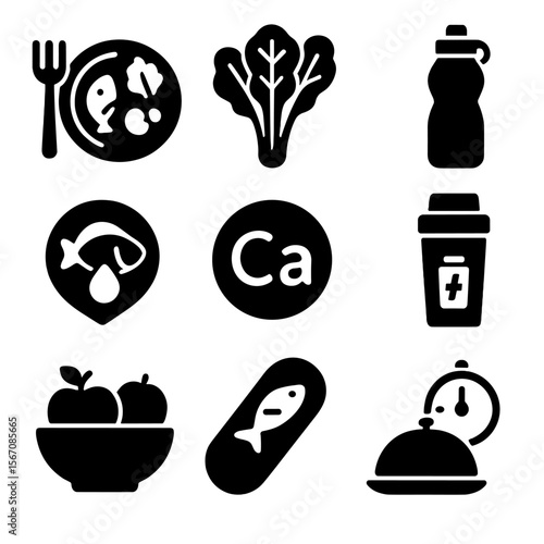 Elderly Nutrition Icons. Solid, filled icons set of nutrition for older adults: healthy plate, leafy greens,