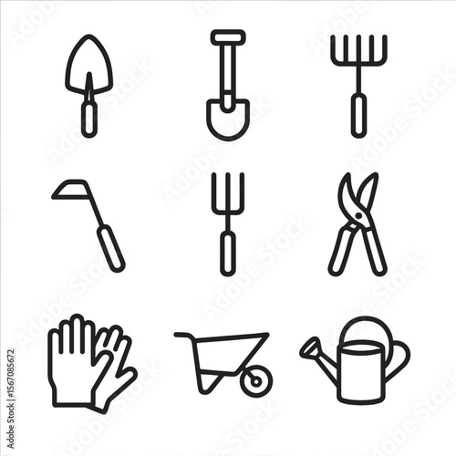 Gardening Tools Icons. Outline icon set of gardening tools for flowerbeds: trowel, spade, rake, hoe, garden fork, pruning shears,
