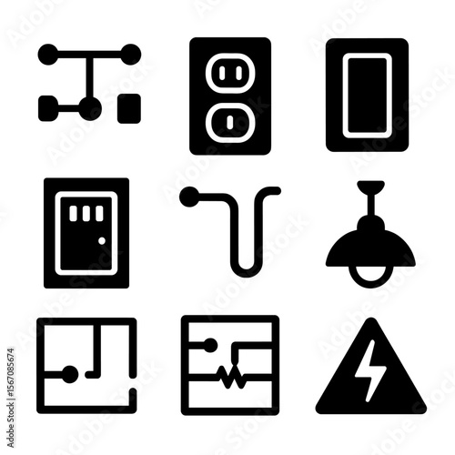 Electrical Icons Grid. Solid, filled icons set of electrical wiring layout: circuit lines, wall outlet, light