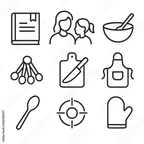 Generational Recipe Icons. Outline icon set of generational recipe sharing: recipe book with bookmark, mother and daughter
