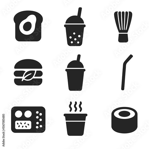 Gen Z Food Icons. Solid, filled icon set of Gen Z & Millennial food trends: avocado toast, bubble tea, matcha whisk, plant-based