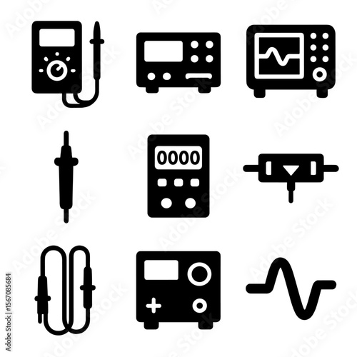 Electrical Calibration Icons. Solid, filled icons set of electrical calibration tools: multimeter, signal